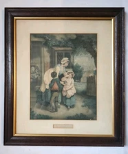 Antique Chromolithograph “The School Door” Victorian Children Scene Oak Frame