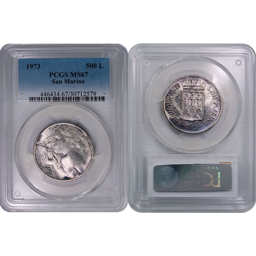 1973 Italy San Marino Silver 500 Lire - PCGS MS 67 - Gem Uncirculated Toned
