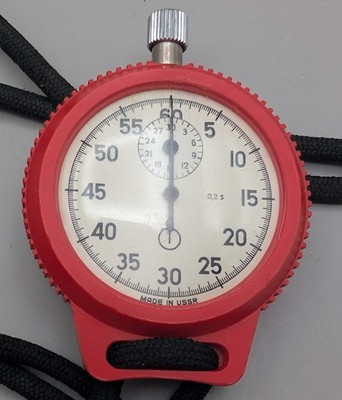 Vintage USSR Mechanical Stopwatch 0.2s Red Case Working with Lanyard