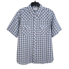 Wrangler Wrancher Mens XL Blue White Plaid Short Sleeve Pearl Snap Western Shirt