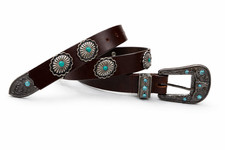 Western Brown Leather Belt Turquoise Concho Buckle Cowboy Vintage Style Handmade