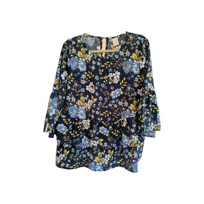 Time & Tru Blouse Top Women Size L Blue Floral Ruffle Layer 3/4 Bell Sleeve