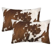 Western Cow Print Lumar Pillow Covers 12x20 Set of 2 Brown Faux Fur Cowhide T...