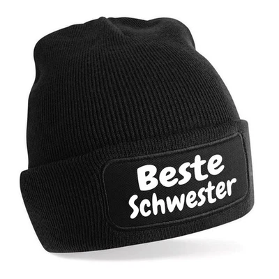 STATEMENT HQ Beanie Mütze mit Spruch BESTE SCHWESTER – Strickmütze Geschenkidee Wintermütze