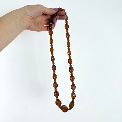 Vintage USSR Baltic Amber Necklace Soviet Pressed Cognac Oval Beads Clasp 67 g