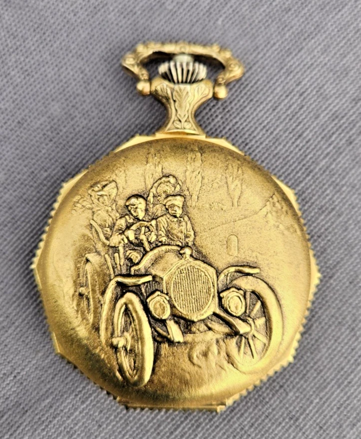 Majestime skeleton pocket watch gold tone working, car motif, engraved inside... - Image 4 of 4