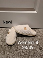 New Women's 8 Fuzzy Fleece slip on house slippers cream cable knit