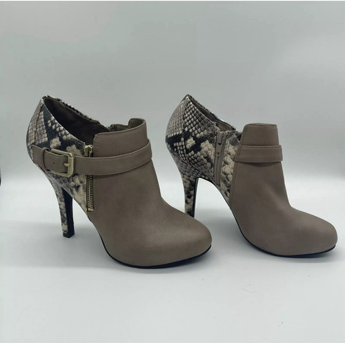 Fergalicious By Fergie Faux Snakeskin Taupe Side Zip And Buckle Heels 10M