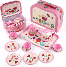 Kids Tea Set for Little Girls, 15Pcs Pink Tin Tea Party Set for Toddlers Afterno