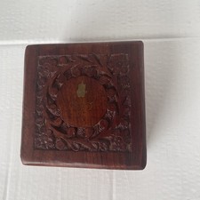 Vintage Wooden Box Hand Carved Trinket Brass Leaves Inlay Hinged Lid Decorative
