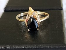 Vintage Swirl Design Pear Faceted Black Onyx 14k Gold Diamond Ring Size 7.5