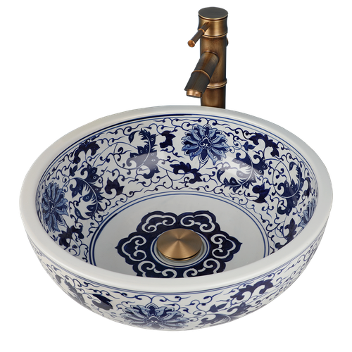 US Flower Bathroom Vessel Sink Blue Ceramic Basin Bowl Antique Pop Up Drain Tap - Picture 18 of 18