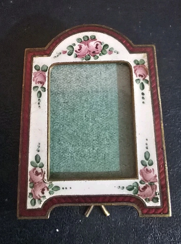 PAR Marco de Fotos Antiguo Micro CHECO Rosa Cloisonné Esmalte Gullioche Victoriano Foto 4 de 4