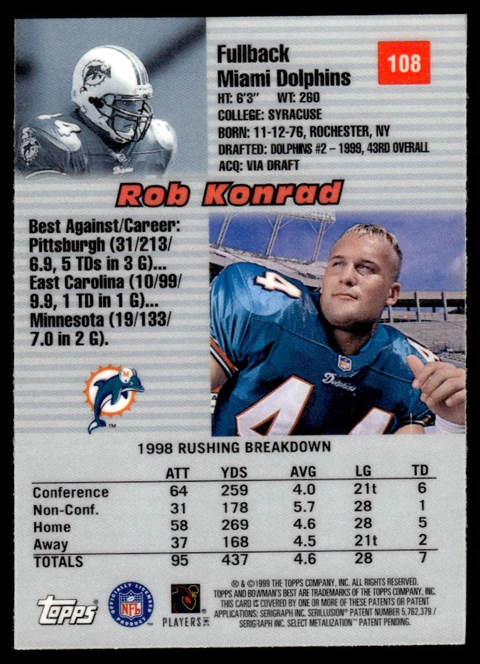 1999 Bowman's Best Rob Konrad Rookie Miami Dolphins #108 - Image 2 of 2