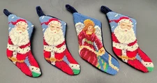 (4) Petit Point Needlepoint Christmas Mini Stocking Santa Claus Ornaments 5.5”