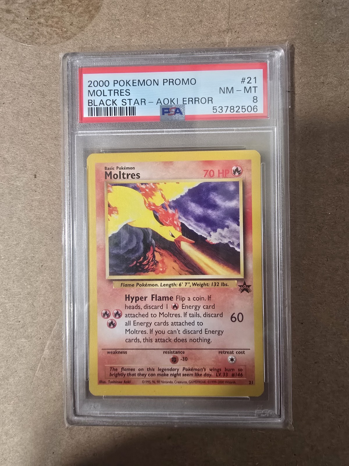 POKEMON 2000 Promo MOLTRES Black Star Aoki Error #21 PSA 8 RARE