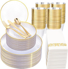 350 Pcs Clear Gold Plastic Plates, Hammered Disposable Dinnerware, Clear-Gold Pl