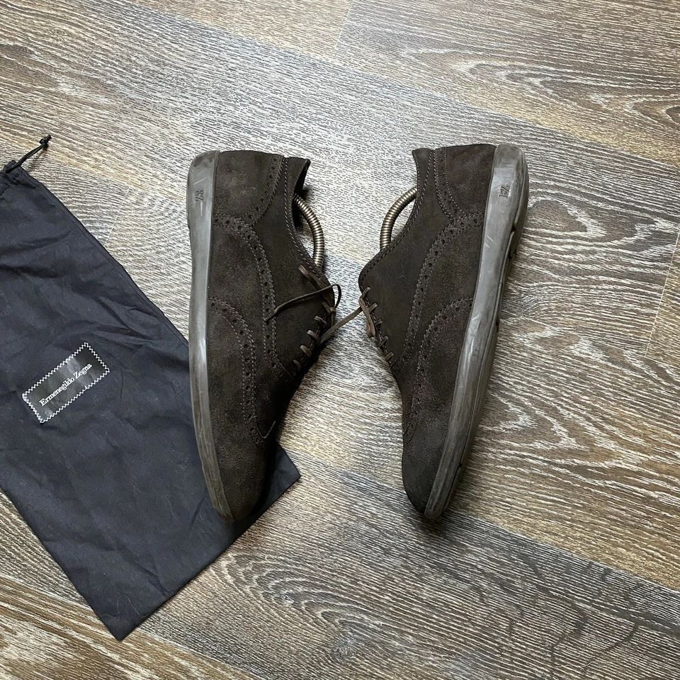 Zapatillas Ermenegildo Zegna Hombre Gamuza Brogue - Marrón Oscuro Hechas en Italia Talla 42 Foto 3 de 4