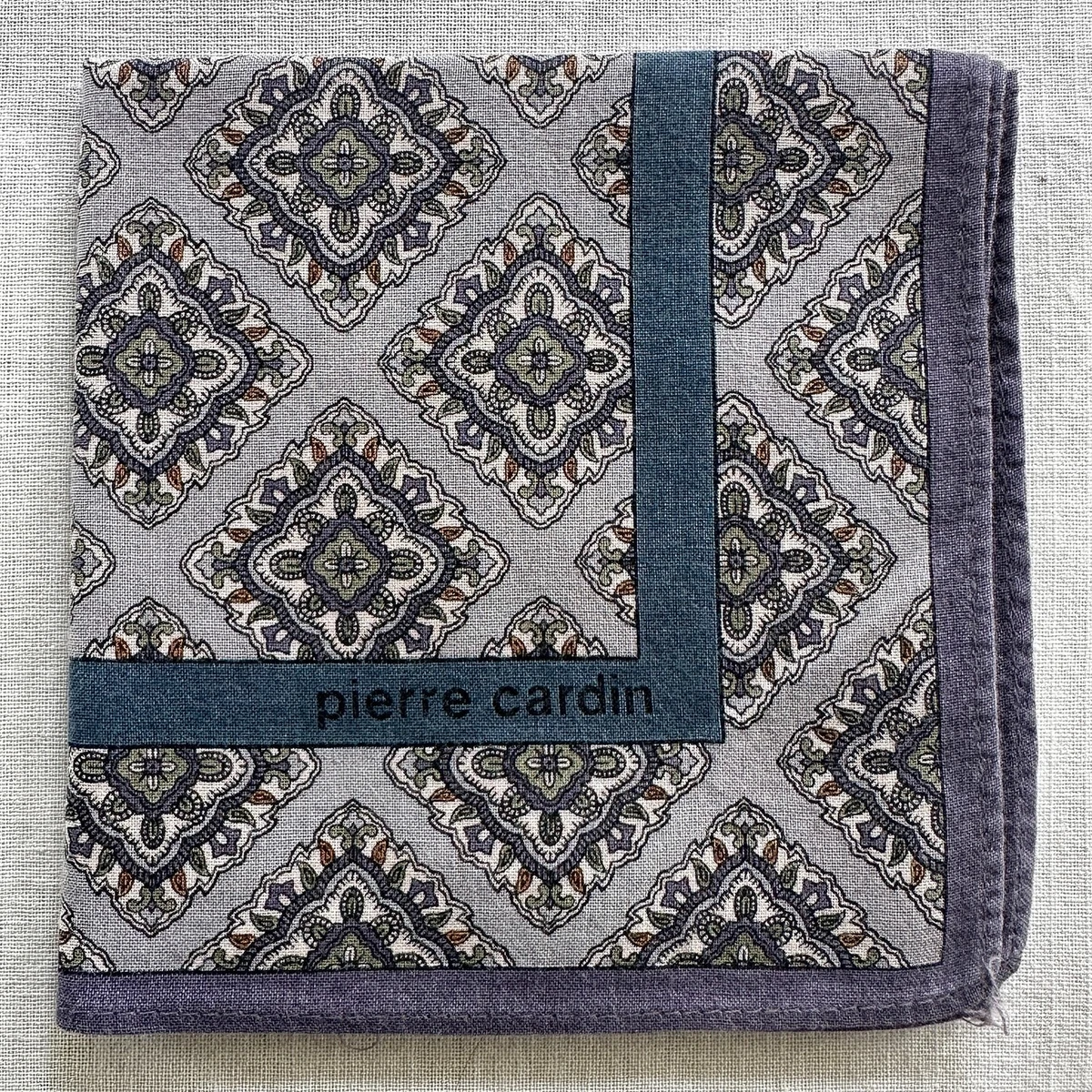 VTG Gray Cotton Handkerchief Purple Geometric Medallion Print Pocket Square 17"Q