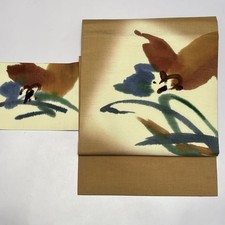 Yuki Tsumugi Nagoya Obi Hand-Painted Yuzen Pure Silk Used Brown Floral Artisan s