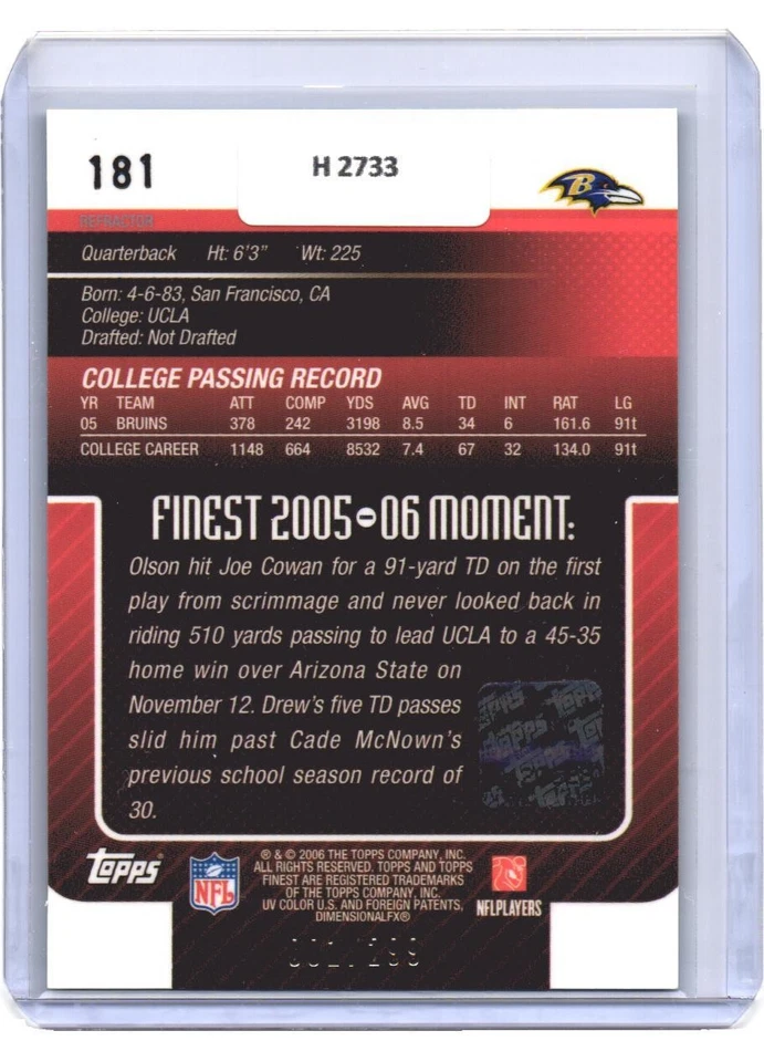 2006 Drew Olson Topps Finest Blue Refactor Auto RC 1/299 (Note) #181 (H2733) - Image 2 of 2