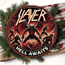 SLAYER Hell Awaits 8x8inch Round Metal Sign, Durable Aluminum Wall Art, Suitable