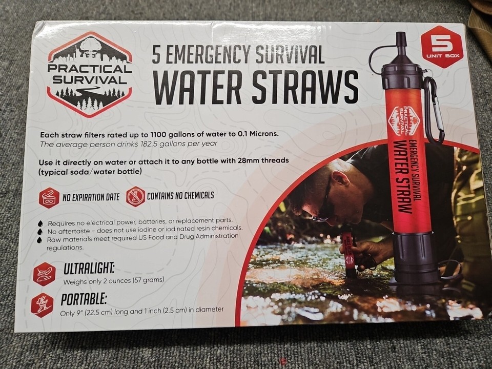5 Emergency Survival Water Straws. Practical Survival. New In Box Free