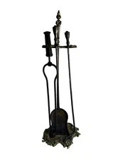 Vtg Fireplace 3 Tools Stand Art Nouveau Wrought Iron & cast Metal Fire Tools