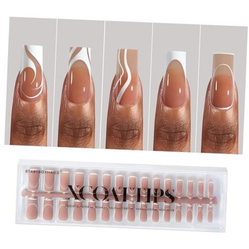 XCOATTIPS French Tip Nails - 5 Styles Press on Nails Long B- Long Square