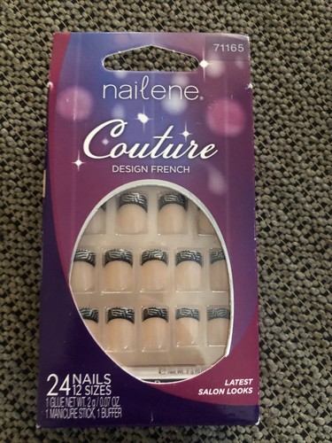 Nailene Couture Design French Nails - Square - Black Silver, 24 Ct - 71165