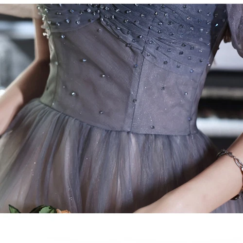 Damen Farbverlauf Netz Kleid Perlen Dekor Puffärmel Abendkleid Prinzessin glänzend - Bild 11 von 13