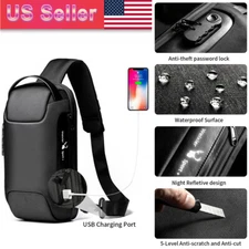 Men's Sling Backpack Waterproof Anti-theft Shoulder Crossbody Chest Bag USB Port