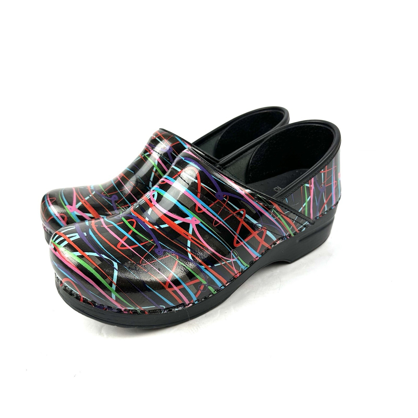 Dansko Clogs 40 Black Patent Leather Striped Yarn Pattern Slip On Womens Shoes-image