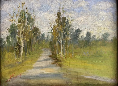ANTICO PICCOLO DIPINTO OLIO N. Laurenti PAESAGGIO PIANURA SENTIERO SELVA 1931 - Foto 2 di 15