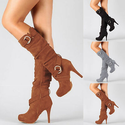 Womens heels Winter Mid Calf Knee High Zip Buckle High Heel Long Boots fashion