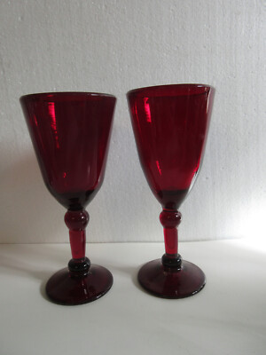 One Pair (2) Vintage RUBY RED 7''  Wine Glasses