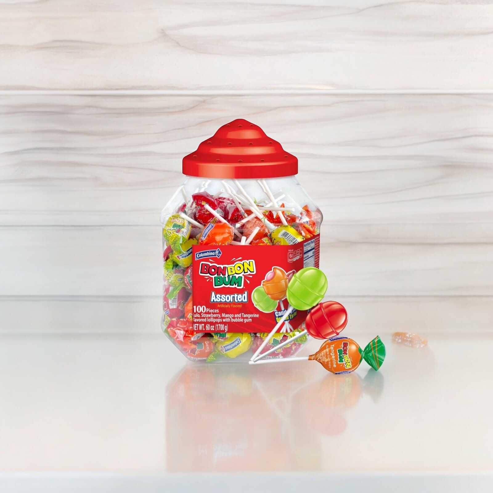 Colombina Bon Bon Bum Piruletas Burbuja Goma Centro Surtido Tarro Piruletas 100 Piezas