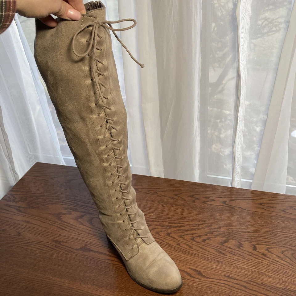 Qupid Knee High Boots Womens 9 Tall Lace Up Block Heel Over The Knee Taupe Suede - Image 3 of 4