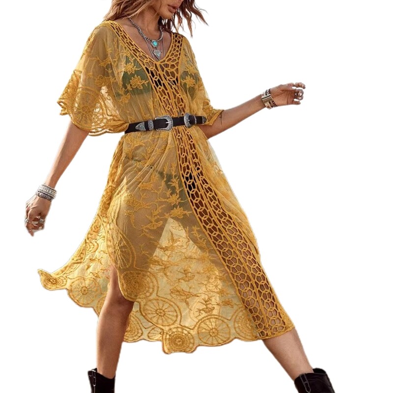 Fashionable Crochet Beach Cover Up Dress Hollow Lace Pareos Cover Up