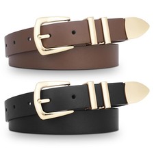 2 Pack Women Leather Belt Black Western Wais Belt with Gold Buckle Women
