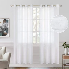 White Sheer Curtains 72 Inches Long for Bedroom, Grommet Linen Look Semi Shee...