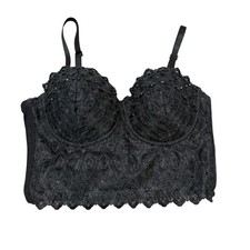 Black Beaded Sequin Lace Bustier Crop Top Size S
