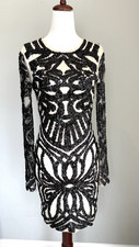 Bebe Black Cream Sequin Beaded Cocktail Party Formal Bodycon Dress XS