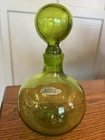 Vintage MCM Blenko Handcraft 8” Olive Green Glass Blown Decanter With Stopper