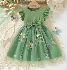 Girls Green Fit Flare Dress Sleeveless Round Neck Ruffle Mesh Bow Floral