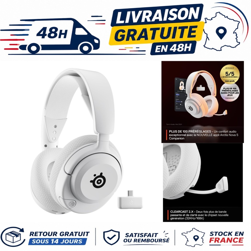 SteelSeries Arctis Nova 5 Wireless Casque Gaming Blanc Sans Fil PC PS5