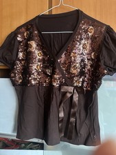 Brown Sequin Wrap Top Womens M Petite Embellished Party Blouse Stretch Cotton