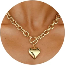 Gold Chunky Chain Necklace for Women Puffy Heart Pendant Necklace White Gold Thi