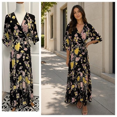 XS 2 DVF Diane von Furstenberg ELOISE Floral Bouquet Faux Wrap Maxi Silk Dress