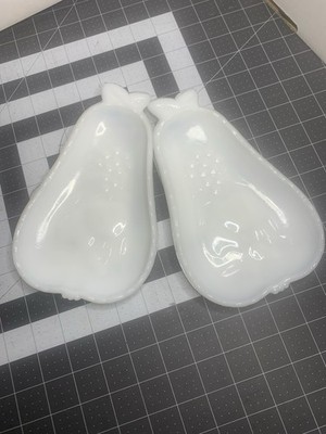 Vintage Pear Shaped Candy Dish White Milk Glass-Embossed Fruit Designs-Set of 2